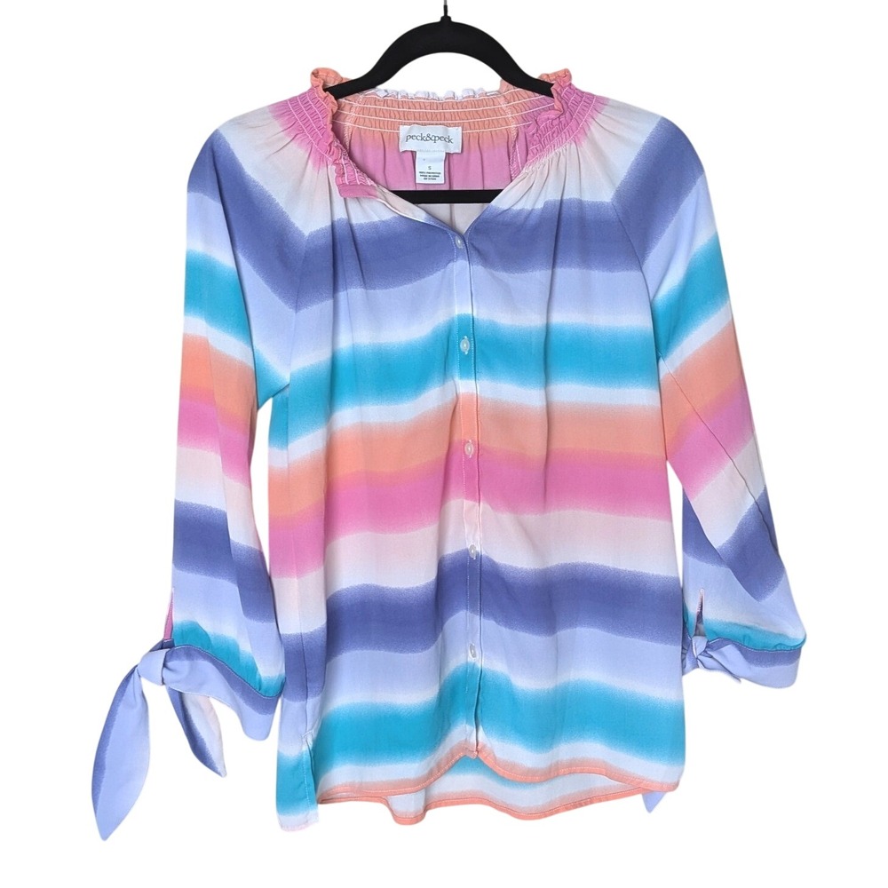 Peck & Peck‎ Rainbow Stripe Tie-Sleeve Blouse Size S Smocked Flowy Relaxed Fit